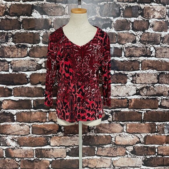 Chico's Top Shirt Round Neck Red Black Animal Print Medium 8 - Picture 3 of 12